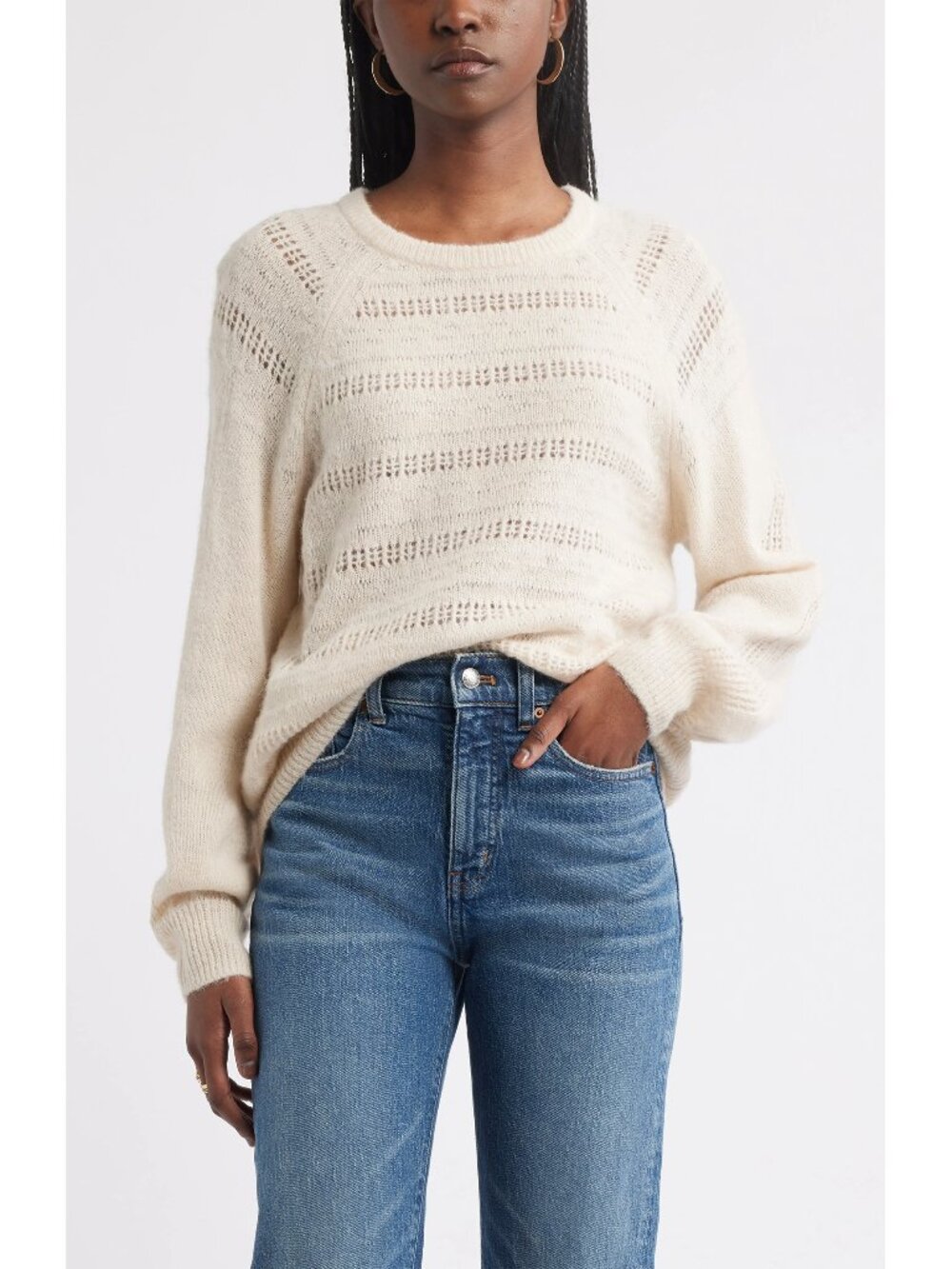 TREASURE & BOND POINTELLE RAGLAN SLEEVE WOOL/ALPACA BLEND IVORY DOVE SWEATER. M